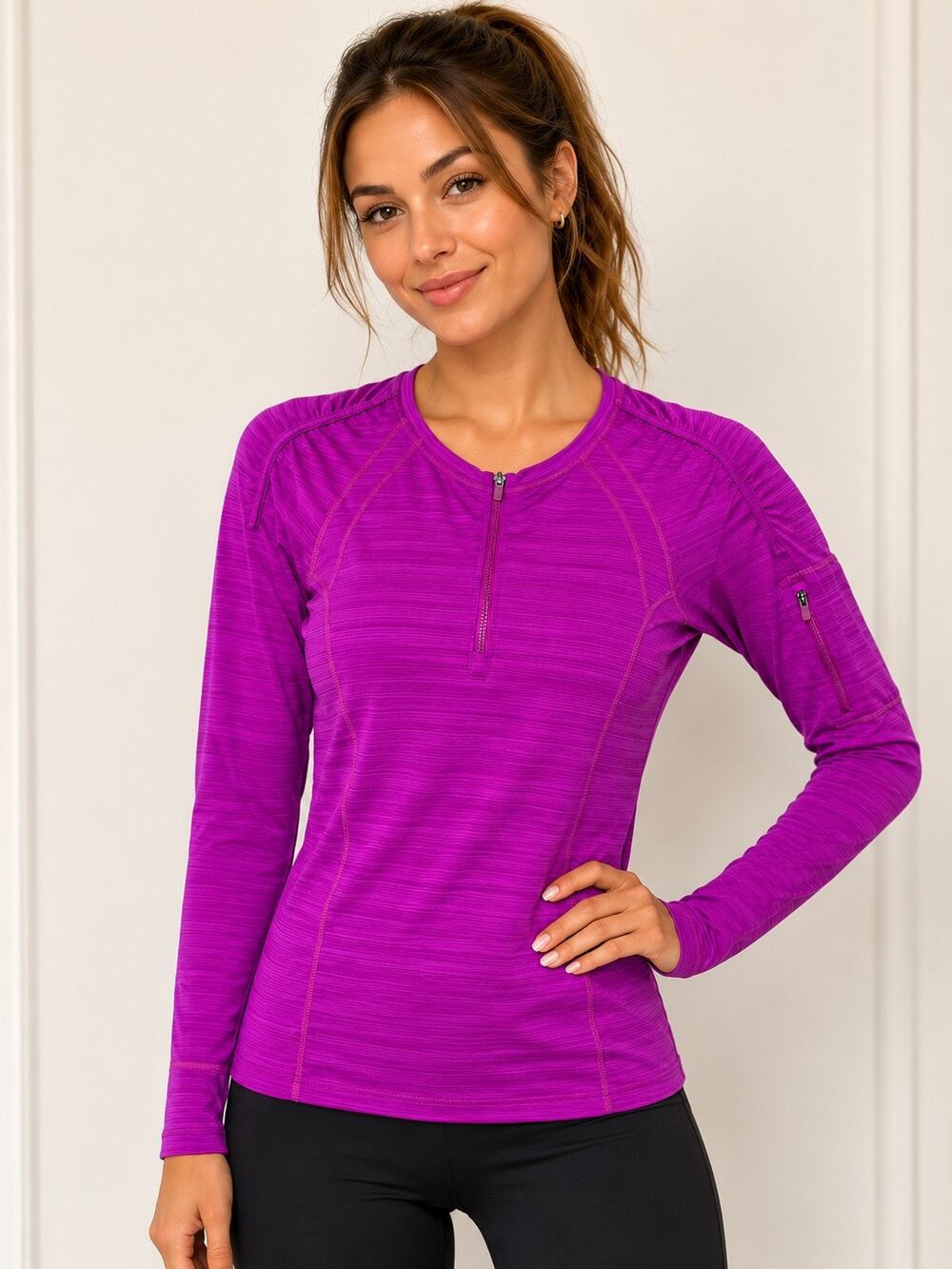 Athleta Medium magenta pink long-sleeve half-zip top ruched shoulder activewear